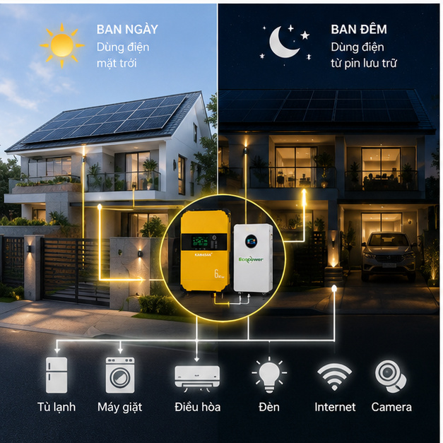 Hoạt động của hệ điện mặt trời Hybrid vào ban ngày và ban đêm