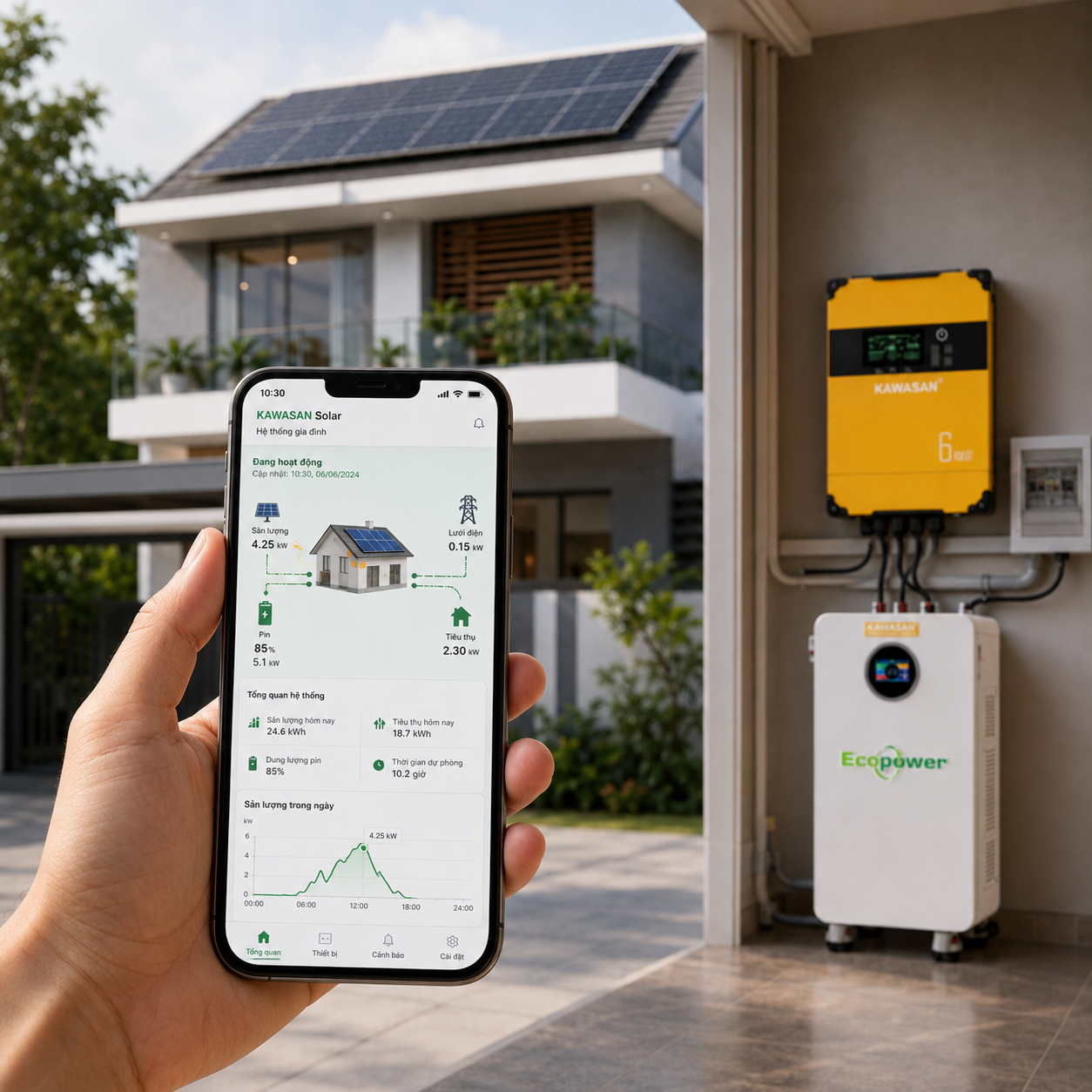 Theo dõi sản lượng và trạng thái pin của hệ điện mặt trời Hybrid trên điện thoại