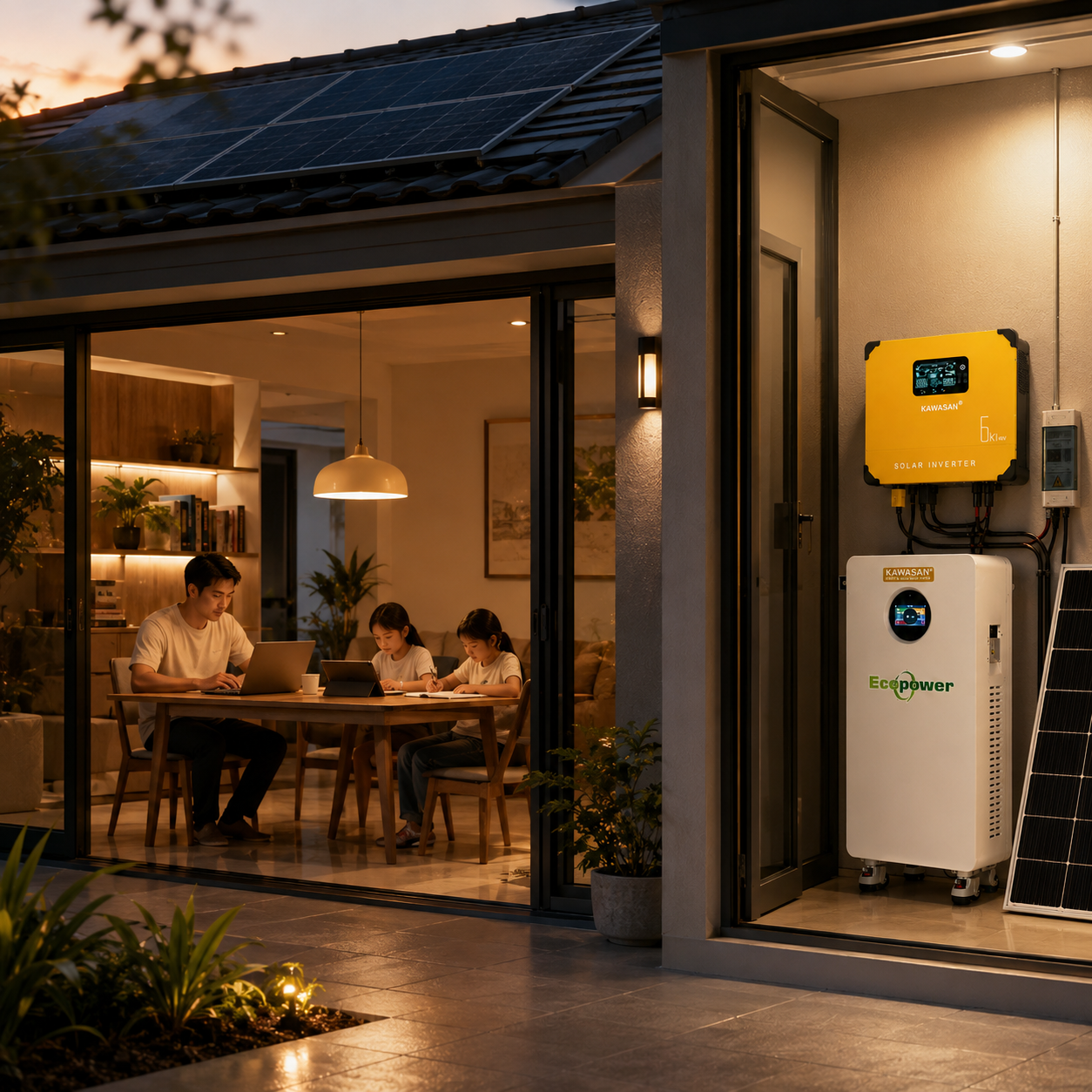 Hệ điện mặt trời Hybrid 7kWp cung cấp nguồn điện ổn định cho gia đình vào chiều tối